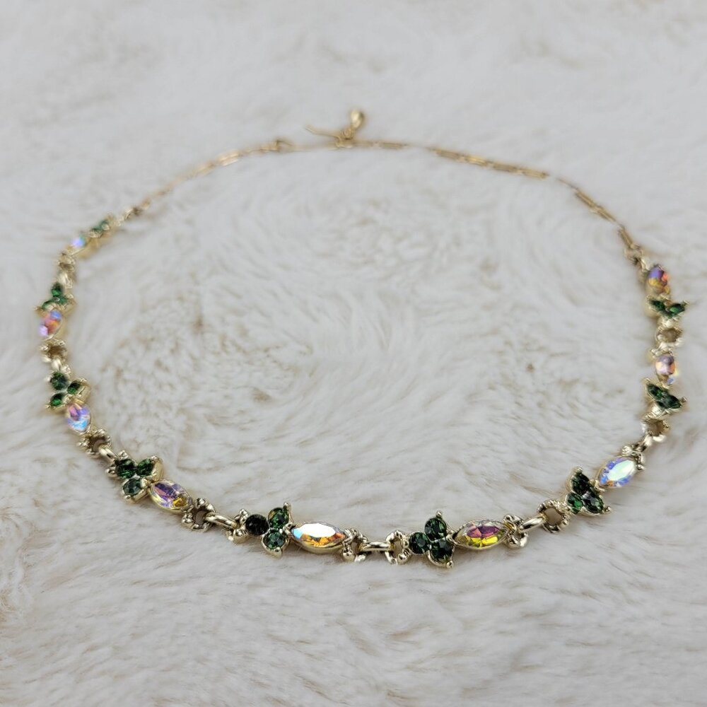 1950's Green and Aurora Borealis Rhinestone Flower Necklace